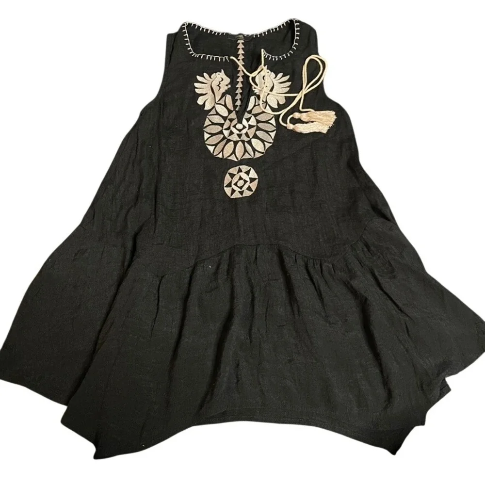THML Womens Black Embroidered Sleeveless Tassel‎ Mini Dress XS Boho Tiered Hem